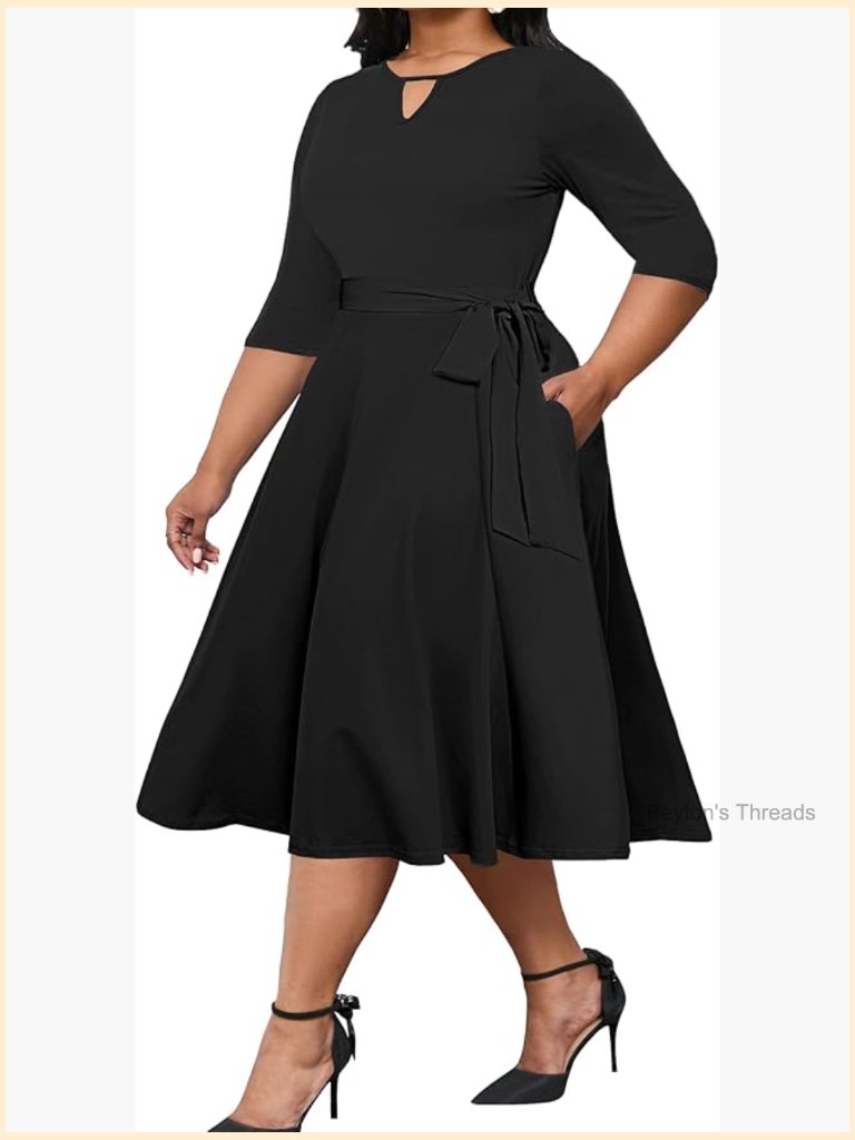 Plus Size Midi A-Line Swing Dress With 3/4 Sleeves Keyhole Crewneck Pockets